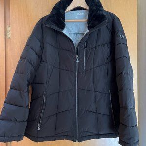 Calvin Klein women's faux-fur-trim hooded puffer jacket.